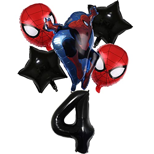 KAREENA 6PCS Superhero Spiderman themed 4th Birthday Decorations Black Number 4 Balloon 32 Inch | The Balloons for Kids Baby Shower Party (Spiderman Birthday)