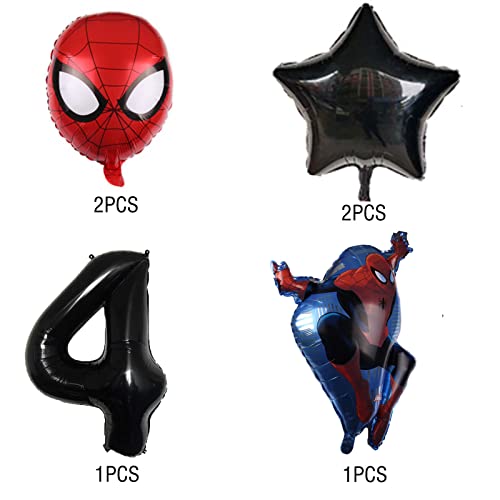 KAREENA 6PCS Superhero Spiderman themed 4th Birthday Decorations Black Number 4 Balloon 32 Inch | The Balloons for Kids Baby Shower Party (Spiderman Birthday)