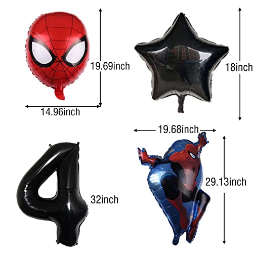 KAREENA 6PCS Superhero Spiderman themed 4th Birthday Decorations Black Number 4 Balloon 32 Inch | The Balloons for Kids Baby Shower Party (Spiderman Birthday)