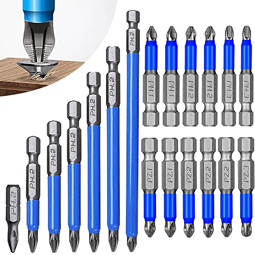 Magnetic Phillips Screwdriver Bit Set 7PCS PH2 Alloy Steel Anti-Slip Long Drill Bits, 12 PCS PH1 PH2 PH3 PZ1 PZ2 PZ3 1/4 Inch Hex Shank Cross Single 2 Inch Length for Impact Driver Power Tool