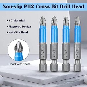 Magnetic Phillips Screwdriver Bit Set 7PCS PH2 Alloy Steel Anti-Slip Long Drill Bits, 12 PCS PH1 PH2 PH3 PZ1 PZ2 PZ3 1/4 Inch Hex Shank Cross Single 2 Inch Length for Impact Driver Power Tool