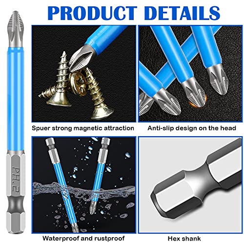 Magnetic Phillips Screwdriver Bit Set 7PCS PH2 Alloy Steel Anti-Slip Long Drill Bits, 12 PCS PH1 PH2 PH3 PZ1 PZ2 PZ3 1/4 Inch Hex Shank Cross Single 2 Inch Length for Impact Driver Power Tool