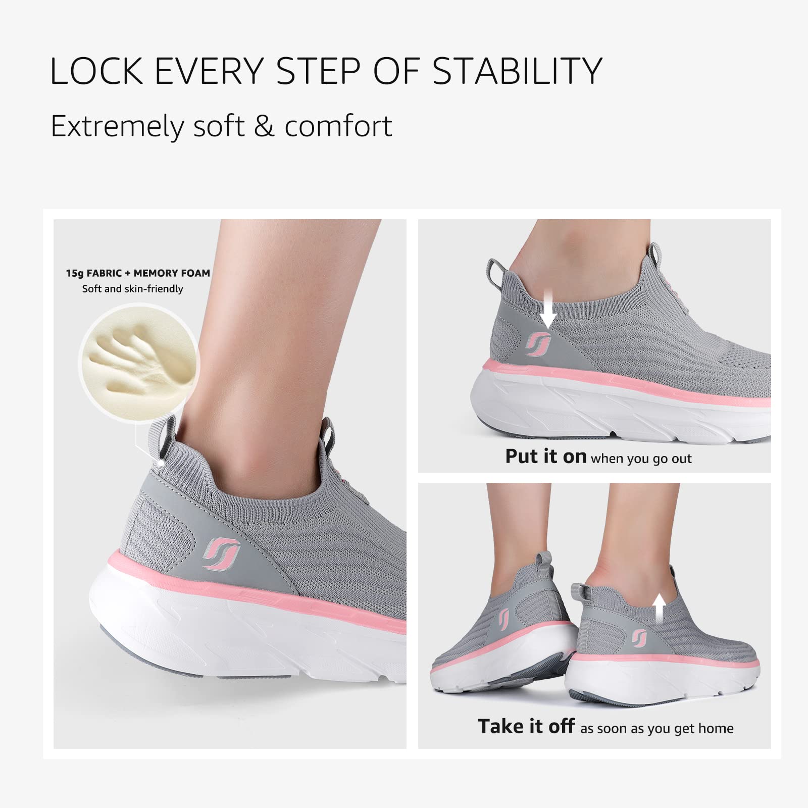 STQ Slip on Tennis Shoes for Women Supportive Walking Shoes Cushioned Fashion Sneakers Arch Support Jogging Shoes for Workout Grey Pink 8 US