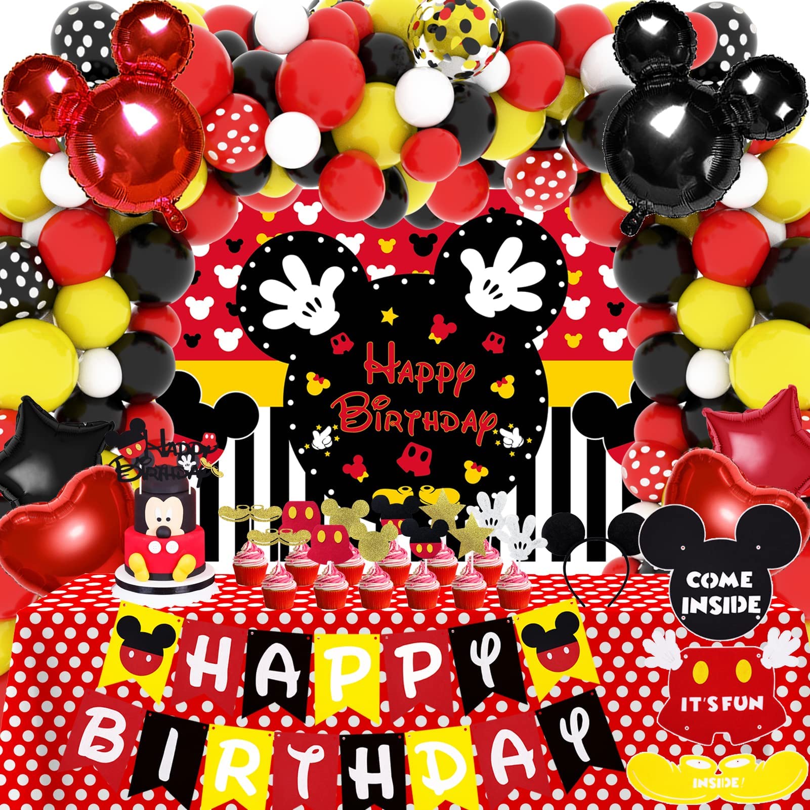 Mouse Birthday Party Supplies for Boys 1st 2nd 3rd Year Birthday Baby Shower Decoration Pack (117 Pcs including Backdrop, Tablecloth, Banner, Cupcake Toppers, Headband, Balloons, etc.)