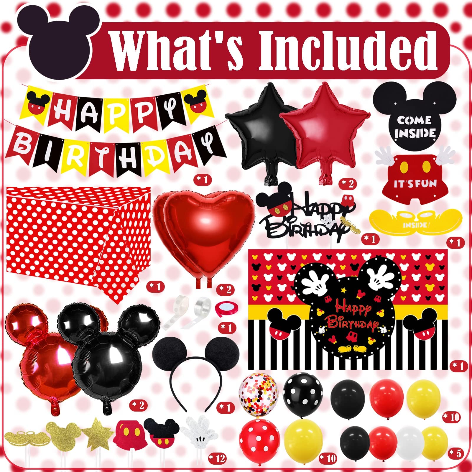 Mouse Birthday Party Supplies for Boys 1st 2nd 3rd Year Birthday Baby Shower Decoration Pack (117 Pcs including Backdrop, Tablecloth, Banner, Cupcake Toppers, Headband, Balloons, etc.)