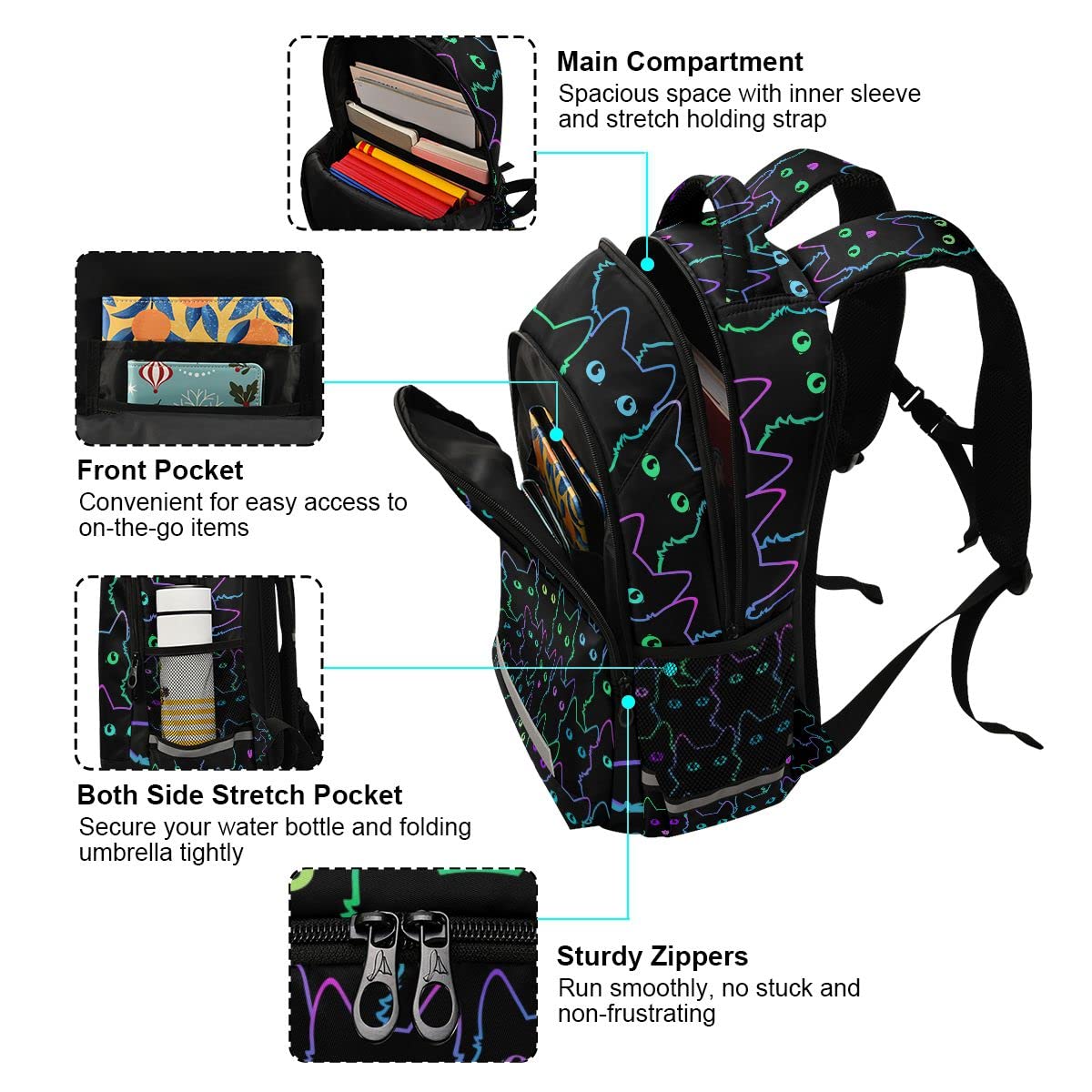 Glaphy Black Cats Rainbow Backpack for Women Men Kids, Laptop Bookbag Lightweight Travel Daypack School Backpacks with Reflective Stripes