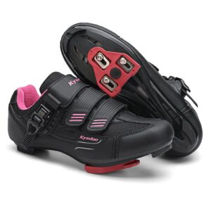 womens cycling shoes compatible with peloton bike clip in ladies indoor cycling road bike riding biking shoes, pre-installed delta cleats size 8.5 black pink