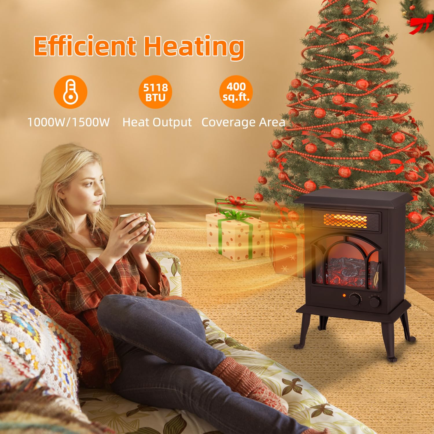 WEWARM Electric Fireplace Heater, 22.4" Freestanding Infrared Fireplace Heater for Indoor Use with Realistic Flame Effect, Overheating Safety Protection Stove Space Heater 1500W