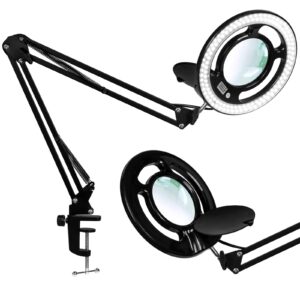 10x desk magnifying glass with light,nueyio 2200 lumen magnifying lamp with light, super bright stepless dimming magnifier lamp, adjustable swivel arm craft lights for projects soldering hobby sewing