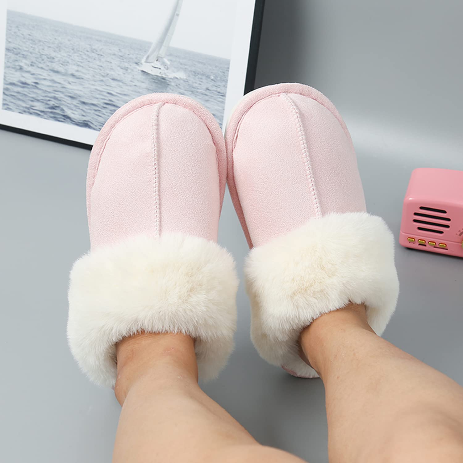 PLMOKN Women's fuzzy slippers men indoor and outdoor anti-skid rubber sole memory foam fluffy cute house bedroom pillow slides, A-pink/42-43