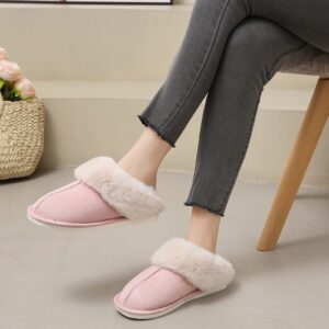 PLMOKN Women's fuzzy slippers men indoor and outdoor anti-skid rubber sole memory foam fluffy cute house bedroom pillow slides, A-pink/42-43