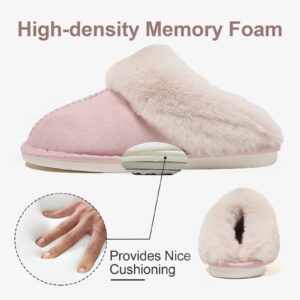 PLMOKN Women's fuzzy slippers men indoor and outdoor anti-skid rubber sole memory foam fluffy cute house bedroom pillow slides, A-pink/42-43