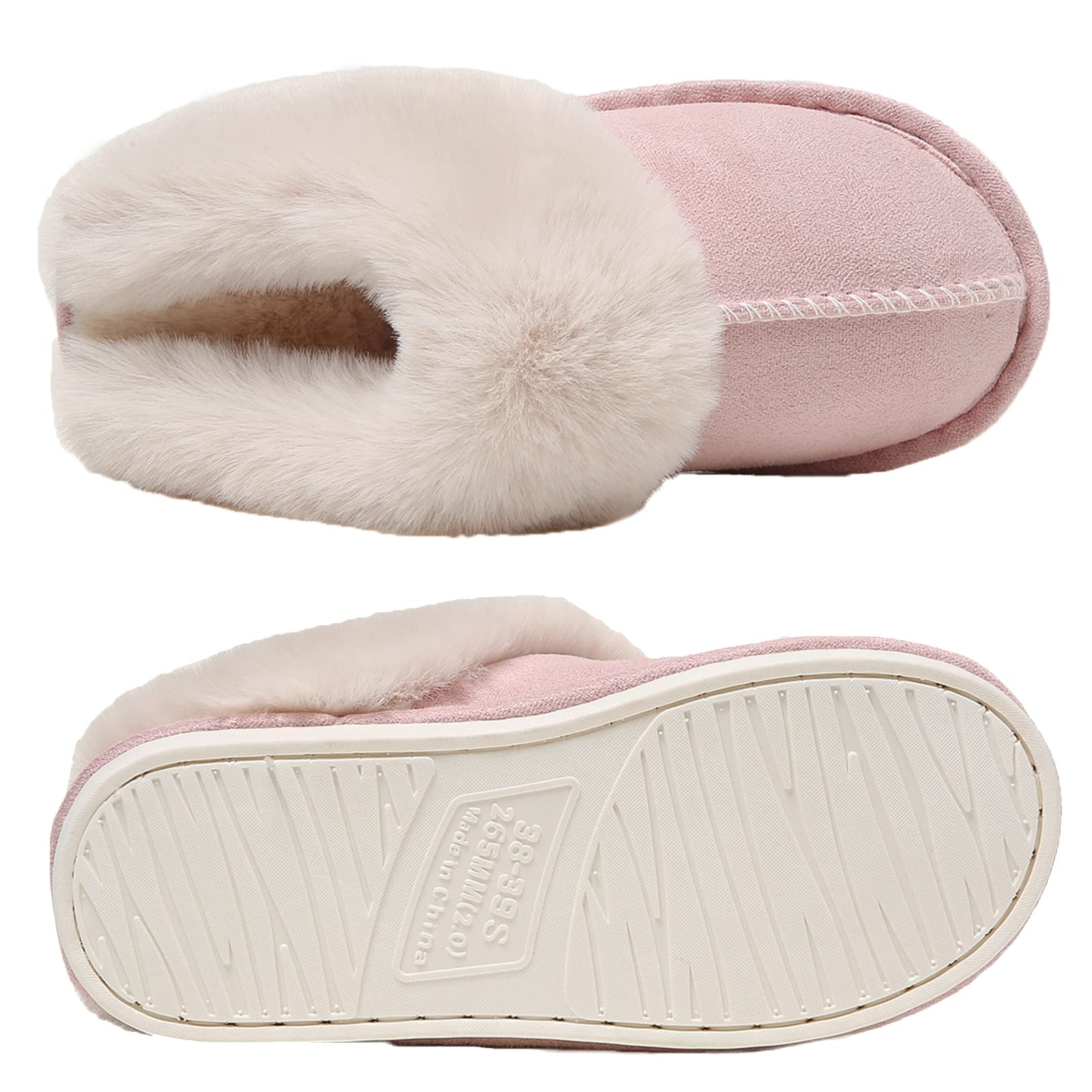 PLMOKN Women's fuzzy slippers men indoor and outdoor anti-skid rubber sole memory foam fluffy cute house bedroom pillow slides, A-pink/42-43