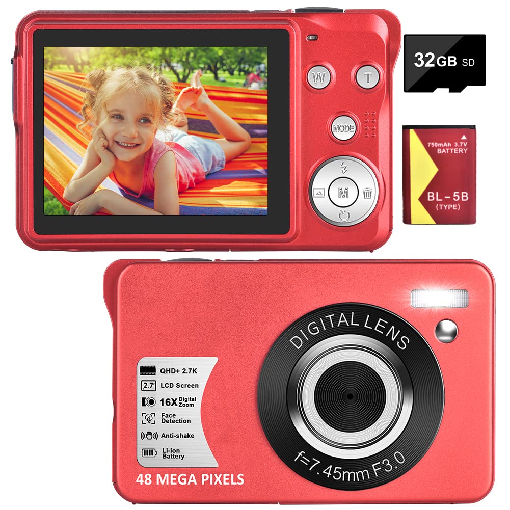 NIUBB Digital Camera, Vologging Camera 48MP 2.7K with 16X Digital Zoom Compact Camera with 32 GB SD Card and 1 Battery (Red) (DC014R)