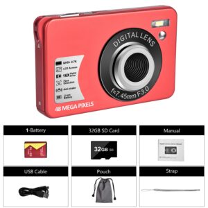 NIUBB Digital Camera, Vologging Camera 48MP 2.7K with 16X Digital Zoom Compact Camera with 32 GB SD Card and 1 Battery (Red) (DC014R)