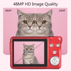 NIUBB Digital Camera, Vologging Camera 48MP 2.7K with 16X Digital Zoom Compact Camera with 32 GB SD Card and 1 Battery (Red) (DC014R)