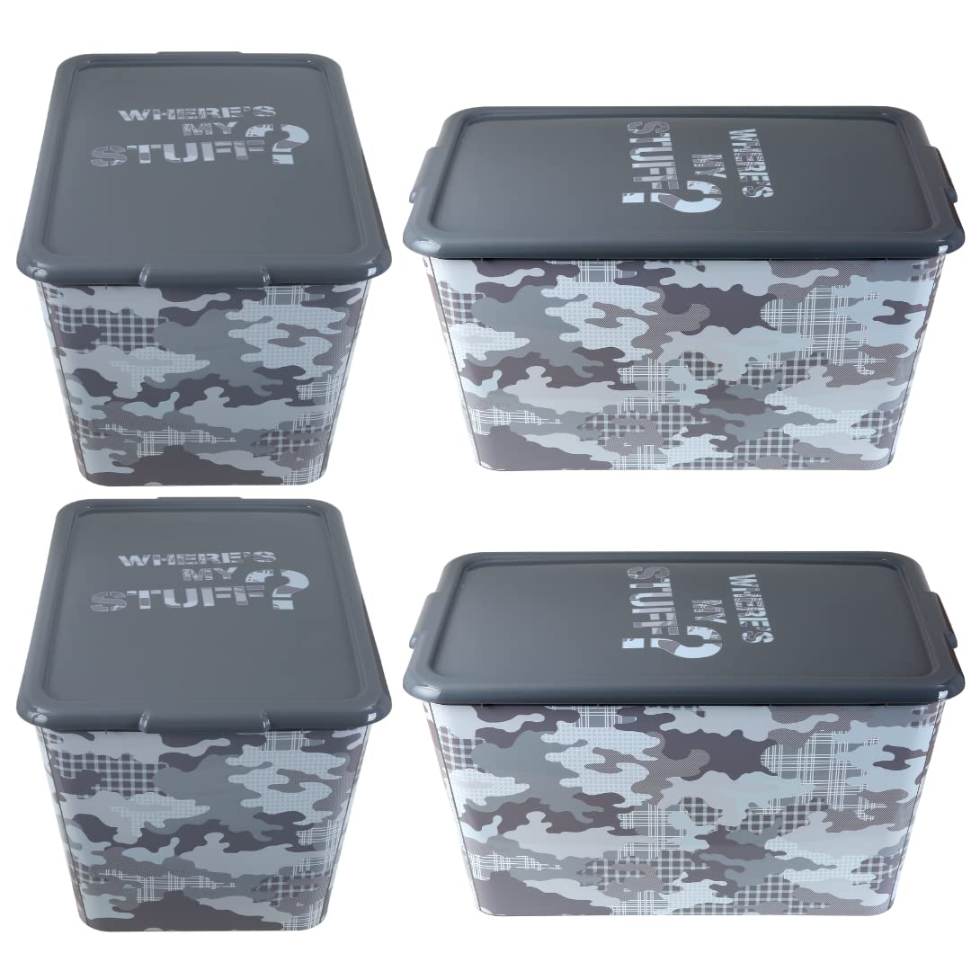 SIMPLYKLEEN 4-Pack Storage Tote with Lid, 14.5 Gallon (58-Quart) Storage Bins, Made in the USA Organizer Container (Grey Camoflauge)