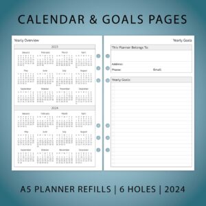 2024 Planner Refills - Weekly and Monthly Appointment Book Inserts, Tabbed, 6 Holes, A5 Size