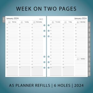 2024 Planner Refills - Weekly and Monthly Appointment Book Inserts, Tabbed, 6 Holes, A5 Size