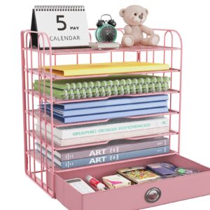 jafusi paper letter tray organizer with drawer for desk, 7 tier mesh desktop file organizer with handle, paper sorter holder desk tray for a4 letter home office