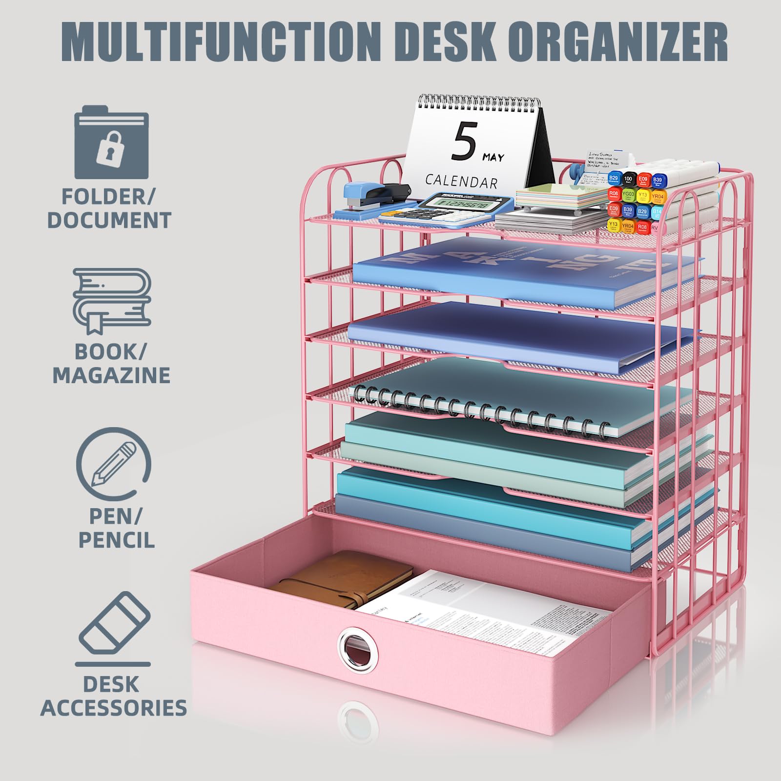 JAFUSI Paper Letter Tray Organizer with Drawer for Desk, 7 Tier Mesh Desktop File Organizer with Handle, Paper Sorter Holder Desk Tray for A4 Letter Home Office