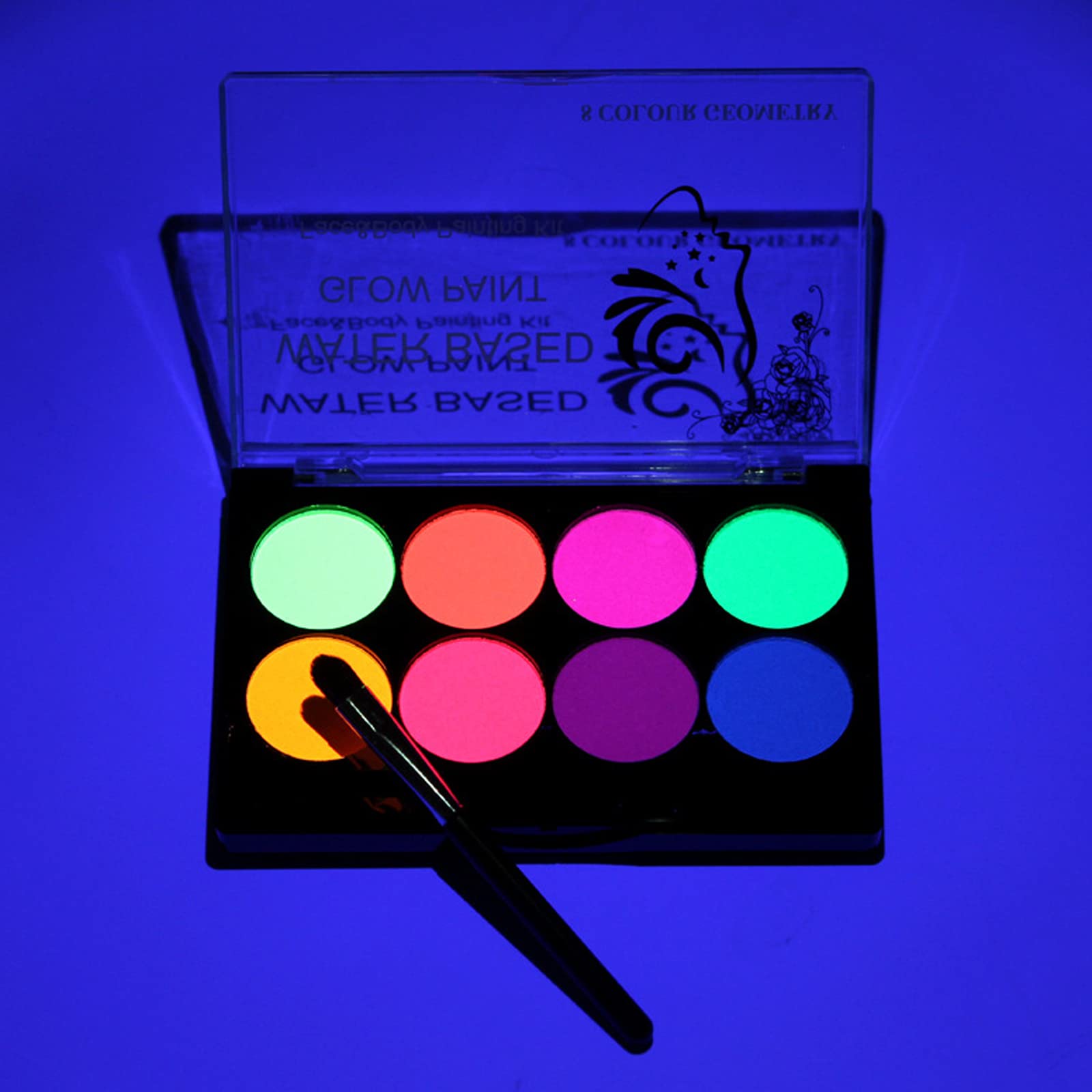 MEICOLY Glow UV Blacklight Face Paint, 8 Bright Colors Neon Fluorescent Body Painting Palette,Water Activated Eyeliner,Water Based Glow In The Dark Party Halloween Washable for Kids Adult Body Paint
