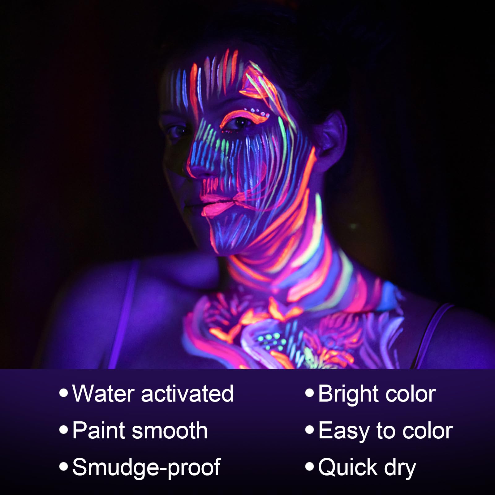 MEICOLY Glow UV Blacklight Face Paint, 8 Bright Colors Neon Fluorescent Body Painting Palette,Water Activated Eyeliner,Water Based Glow In The Dark Party Halloween Washable for Kids Adult Body Paint