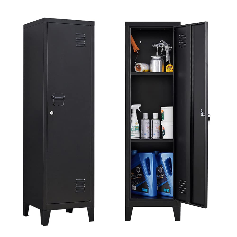 iCHENGGD Metal Cabinet, 54" H Home Office Storage Lockers, Vertical Steel Storage Cabinet with Locking Door and 2 Adjustable Shelves, Small Metal Locker Cabinets (Black)