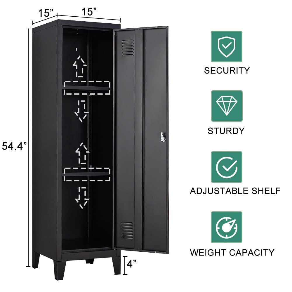 iCHENGGD Metal Cabinet, 54" H Home Office Storage Lockers, Vertical Steel Storage Cabinet with Locking Door and 2 Adjustable Shelves, Small Metal Locker Cabinets (Black)