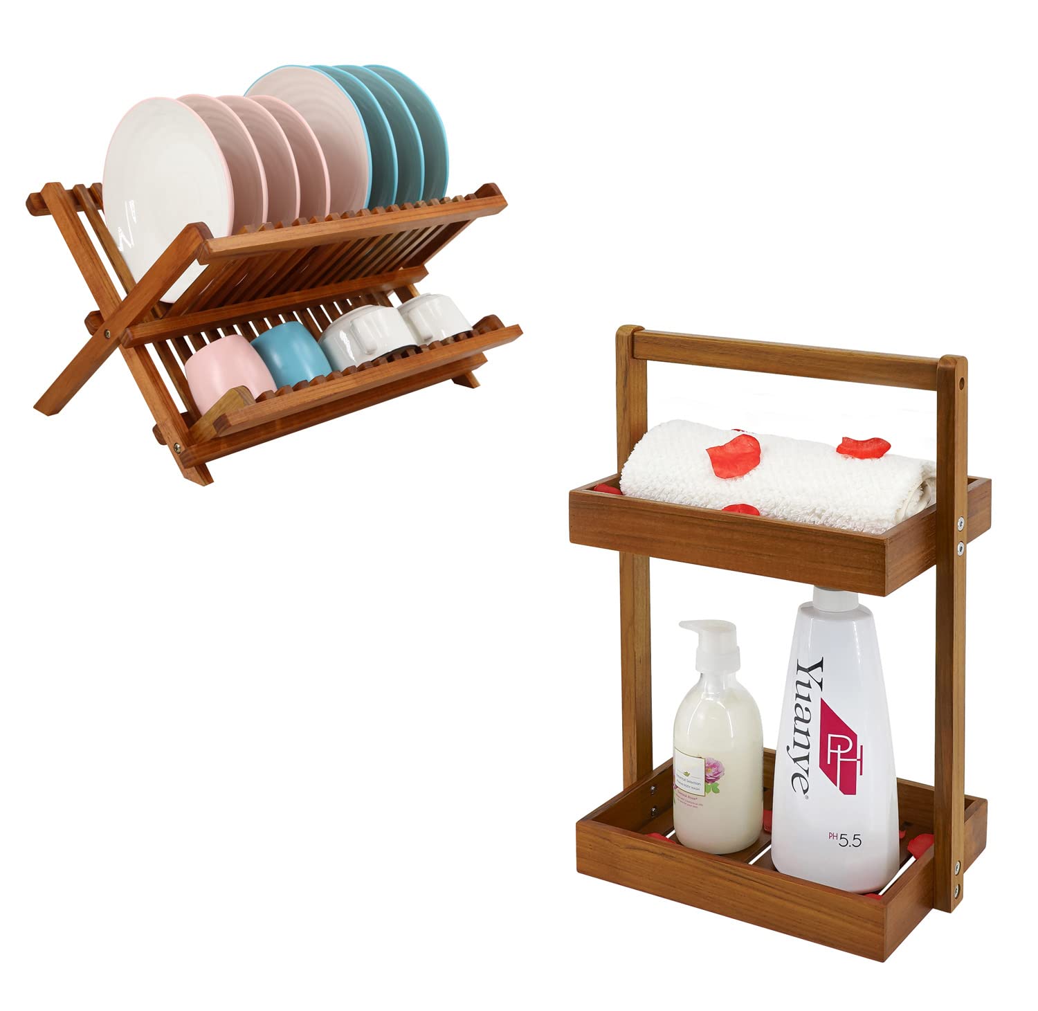 Utoplike Teak Collapsible 2 Tier Rack Dish Drying Rack and 2 Tier Standing Shower Organizer Caddy Corner with Handle