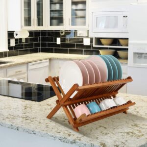 Utoplike Teak Collapsible 2 Tier Rack Dish Drying Rack and 2 Tier Standing Shower Organizer Caddy Corner with Handle