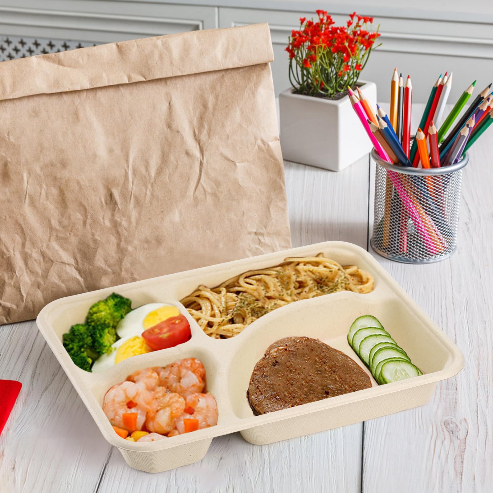 Lyellfe 50 Pack Compostable Paper Plates, Eco-friendly Natural Sugarcane 4 Compartment Plate, Heavy Duty Lunch Tray, Disposable Divided Sectional Plate, Microwave Freezer Safe for Party School