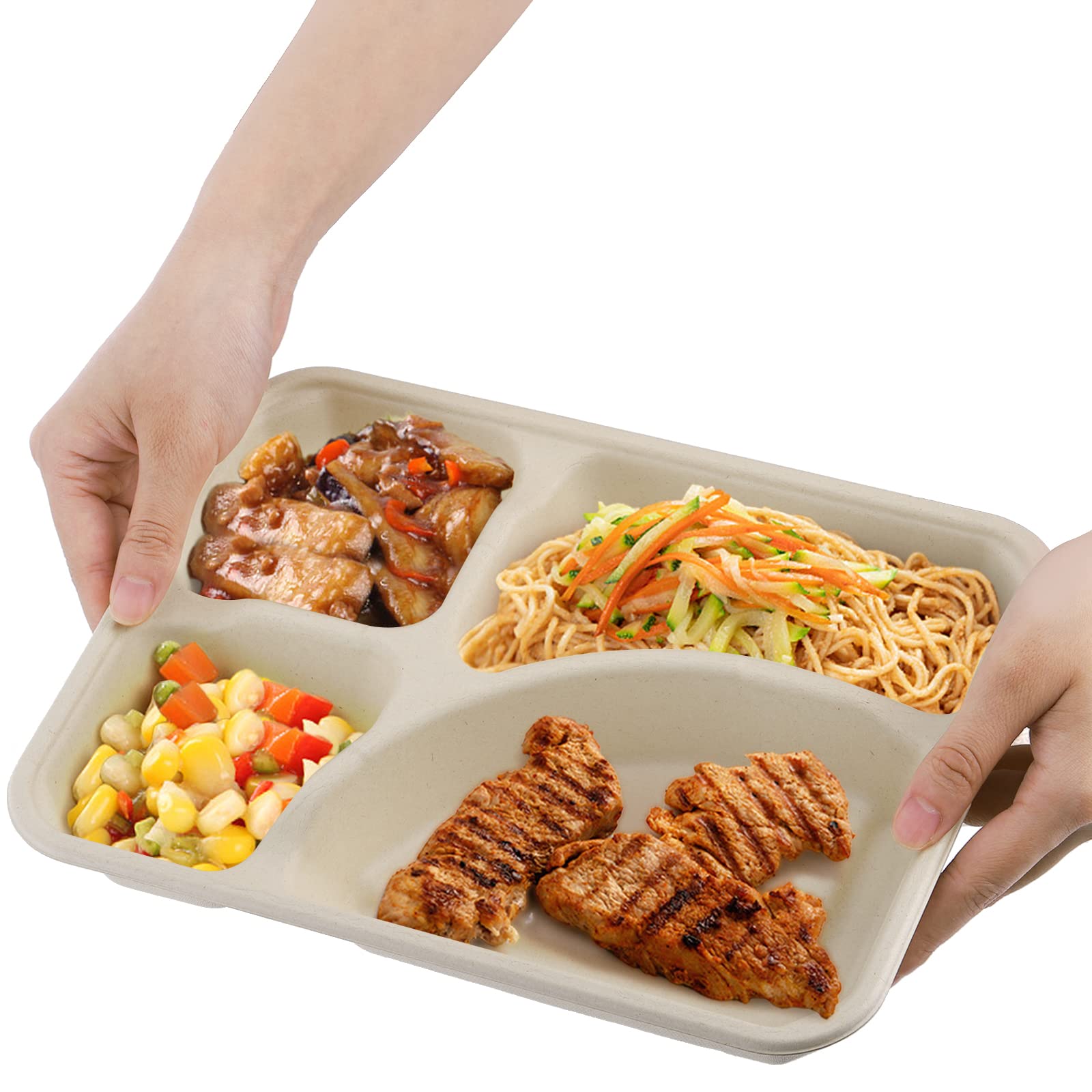 Lyellfe 50 Pack Compostable Paper Plates, Eco-friendly Natural Sugarcane 4 Compartment Plate, Heavy Duty Lunch Tray, Disposable Divided Sectional Plate, Microwave Freezer Safe for Party School