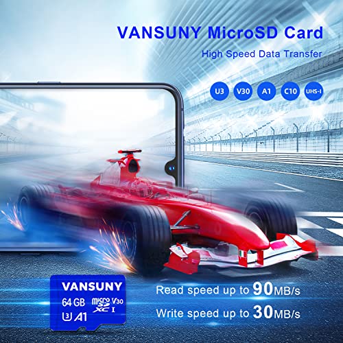 Vansuny Micro SD Card 64GB microSDXC Memory Card with SD Adapter A1 App Performance V30 4K Video Recording C10 U3 Micro SD for Phone, Security Camera, Dash Cam, Action Camera