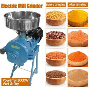 Eachbid 2 IN 1 Electric Grain Mills, 3000W Wet & Dry Cereals Grinder Machine w/Funnel, Adjustable 110V Grain Grinder Commercial Corn Wheat Grinder Feed Mill Flour Cereals Coffee Rice Mill Grinder
