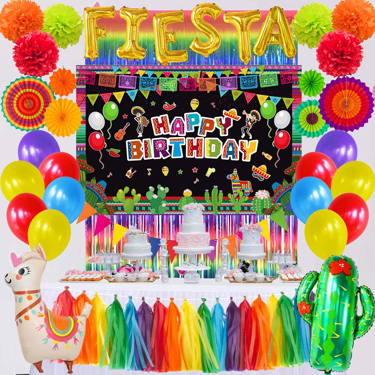 Cinco De Mayo Decorations Mexican Party Birthday Supplies for Boys Girls Adult- Happy Birthday Backdrop Fiesta Balloons for Fiesta Party Decorations