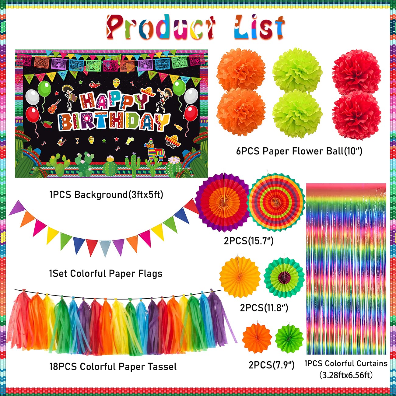 Cinco De Mayo Decorations Mexican Party Birthday Supplies for Boys Girls Adult- Happy Birthday Backdrop Fiesta Balloons for Fiesta Party Decorations