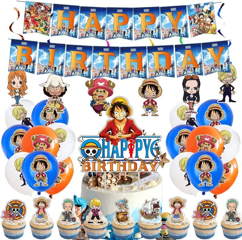 Piece Anime Birthday Decorations Party Supplies Party Favor Include Happy Birthday Banner, Cake Topper,Balloon，Cupcake Toppers, Anime Decorations for Girls