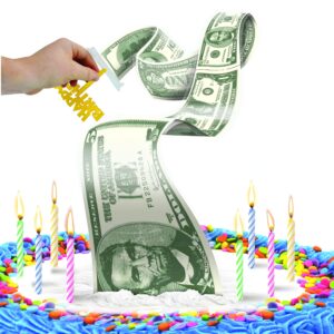 best party ever! cash stash cake surprise, pull out money box for birthday cake, holds 40+ bills, happy birthday cake topper, includes cake cutter for easy use, 1 count