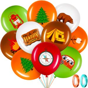 45 pcs camper balloons, colorful camping party balloons decorations, camping adventure party supplies with green and brown ribbon latex balloon kits for boy girl hiking camper, 12 inch
