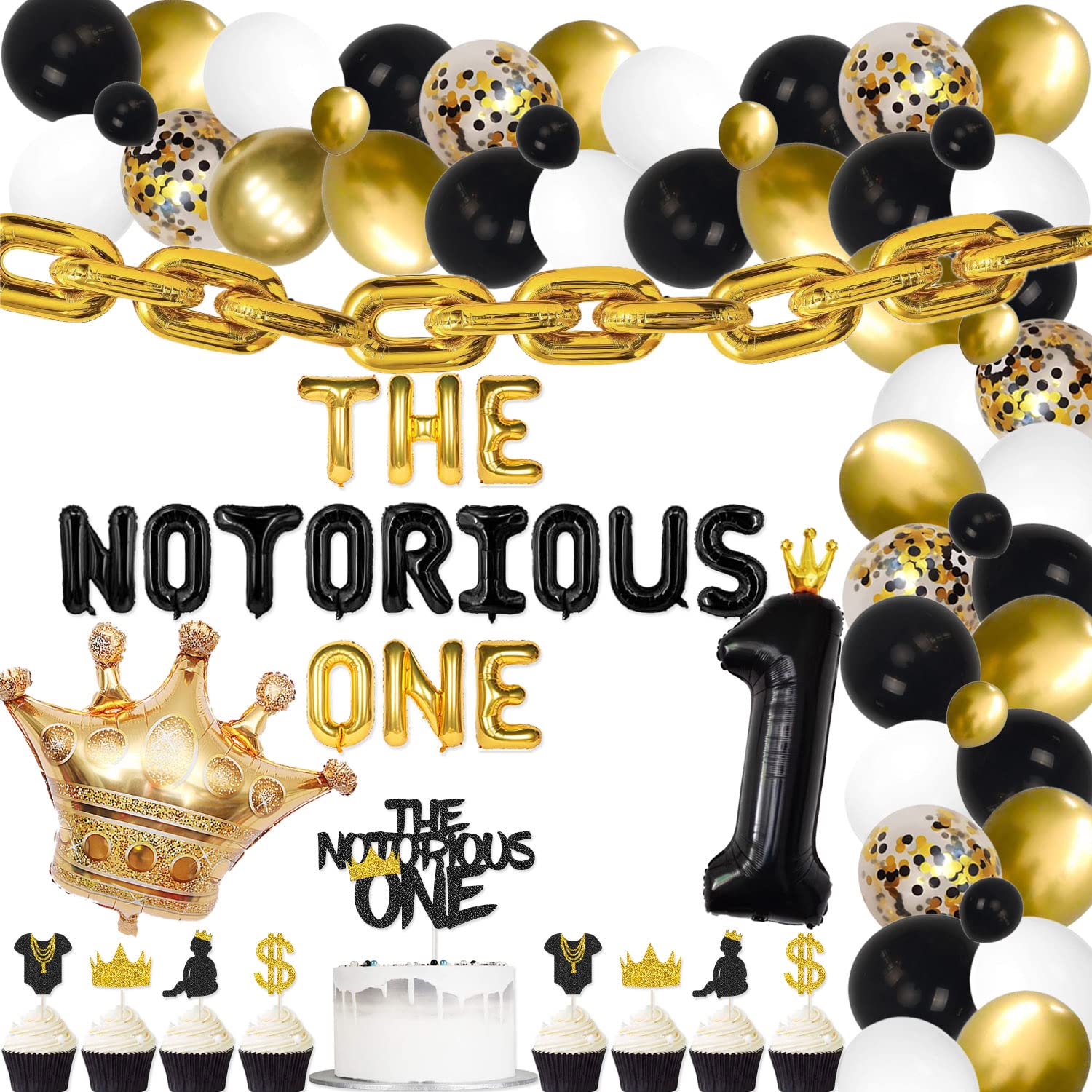 The Notorious One Birthday Decorations Kit The Notorious One Cake Topper Gold Chain Balloon for Hip Hop First Birthday The Big One 1st Birthday Party Decorations