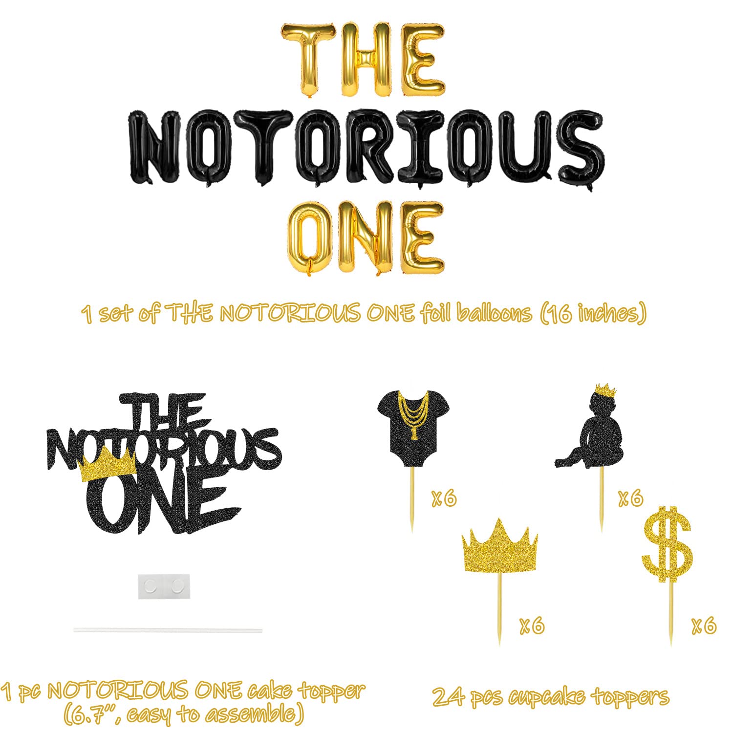 The Notorious One Birthday Decorations Kit The Notorious One Cake Topper Gold Chain Balloon for Hip Hop First Birthday The Big One 1st Birthday Party Decorations