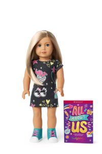 american girl truly me 18-inch doll #100 with blue eyes, blonde hair, lt-to-med skin, printed t-shirt dress, for ages 6+