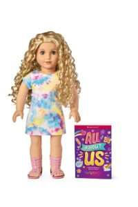 american girl truly me 18-inch doll #115 with gray eyes, curly blonde hair, light skin, tie dye t-shirt dress, for ages 6+