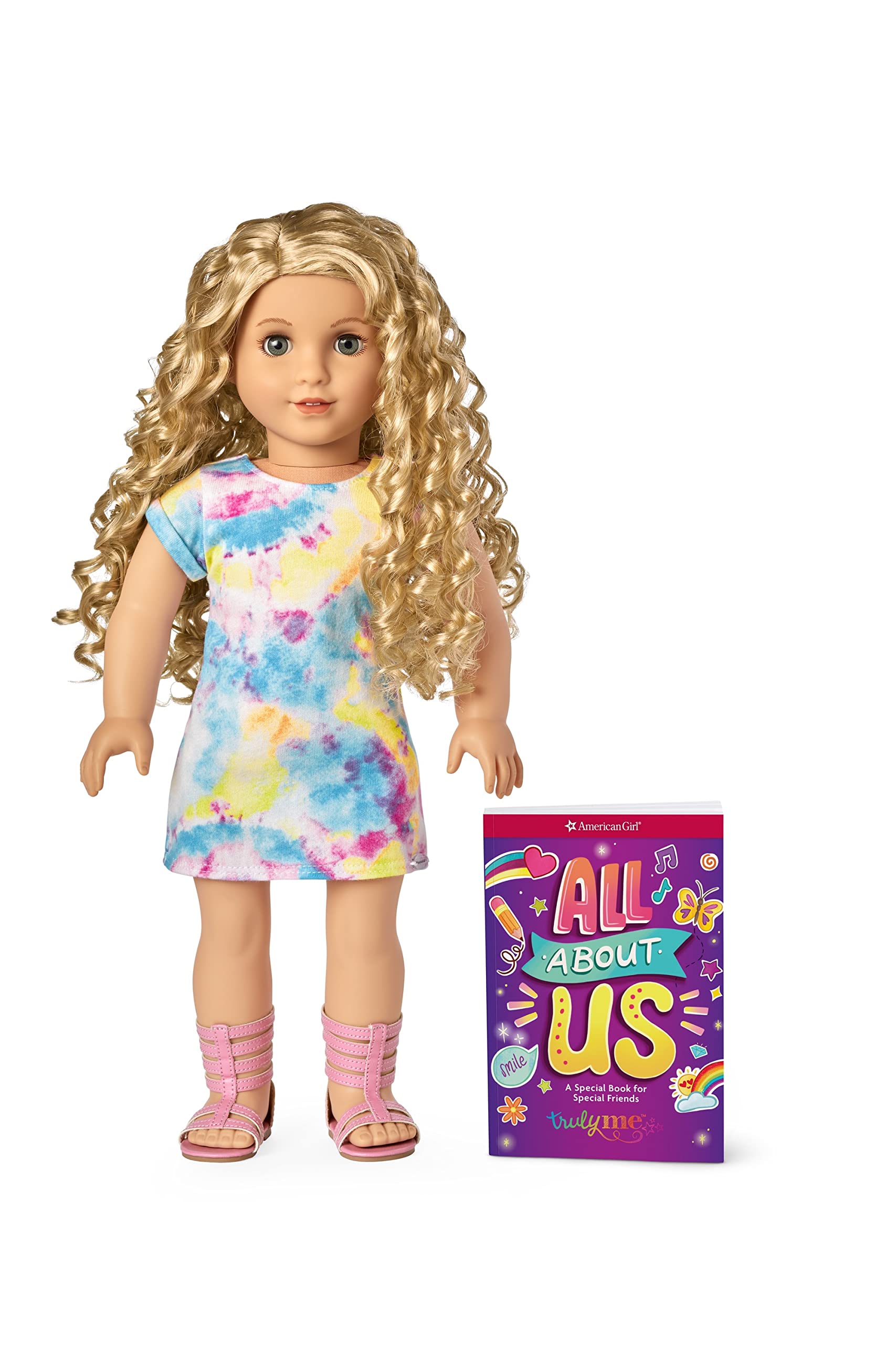 American Girl Truly Me 18-inch Doll #115 with Gray Eyes, Curly Blonde Hair, Light Skin, Tie Dye T-shirt Dress, For Ages 6+