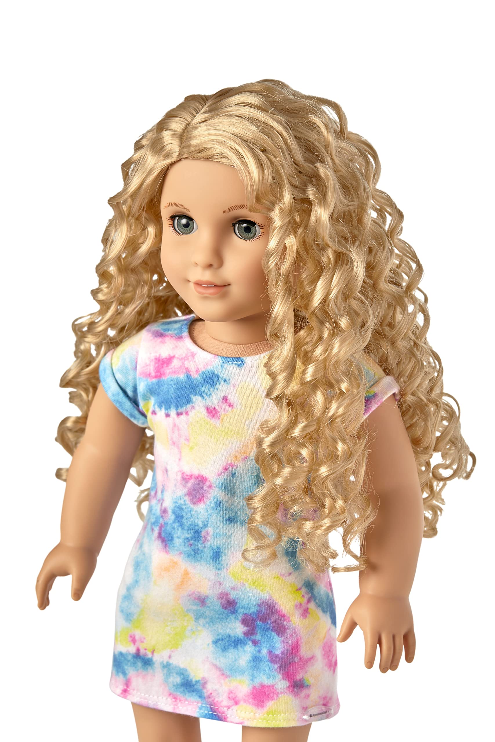 American Girl Truly Me 18-inch Doll #115 with Gray Eyes, Curly Blonde Hair, Light Skin, Tie Dye T-shirt Dress, For Ages 6+