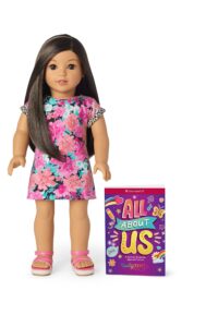 american girl truly me 18-inch doll #124 with brown eyes, black-brown hair, lt-to-med skin, t-shirt dress, for ages 6+, floral