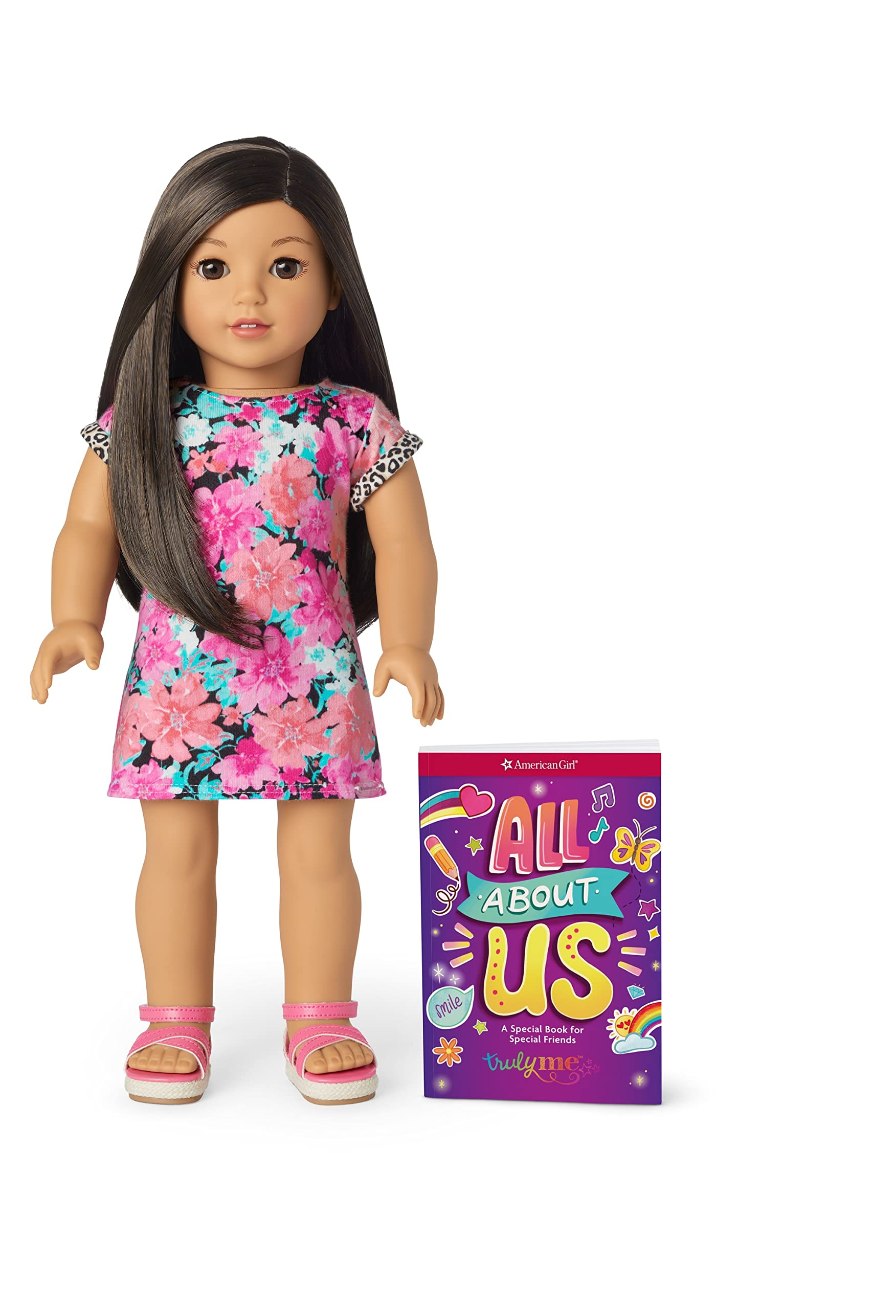 American Girl Truly Me 18-inch Doll #124 with Brown Eyes, Black-Brown Hair, Lt-to-Med Skin, T-shirt Dress, For Ages 6+, Floral