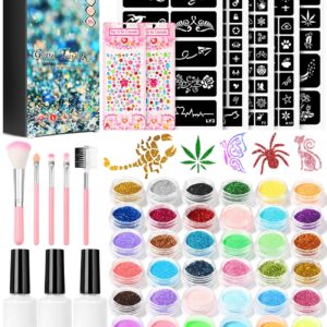 Temporary Glitter Tattoo Kit for Kids makeup,30 Body Glitter,3 Glitter Glue,5 Sheets Tattoos Stencil,5 Pcs Makeup Brush,6 Fluorescent Powder,Rhinestone Stickers,Holiday,Party,Nail Art