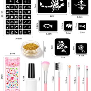 Temporary Glitter Tattoo Kit for Kids makeup,30 Body Glitter,3 Glitter Glue,5 Sheets Tattoos Stencil,5 Pcs Makeup Brush,6 Fluorescent Powder,Rhinestone Stickers,Holiday,Party,Nail Art